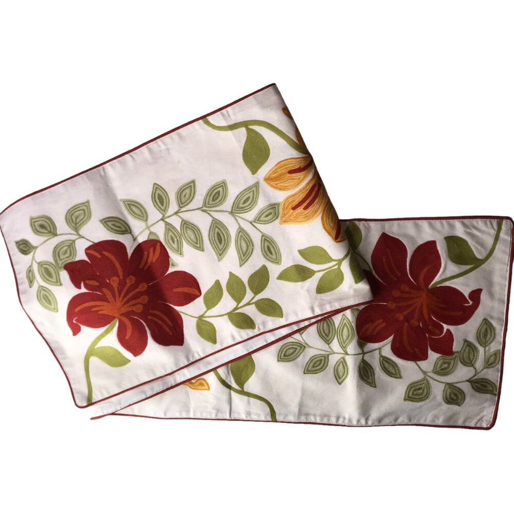 Beautiful Embroidered Table Runner, White w Floral, Flowers 70" L x 14" W